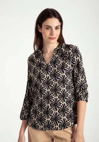 MORE & MORE - Viskosebluse mit grafischem Print beige/schwarz - Gr. - 36