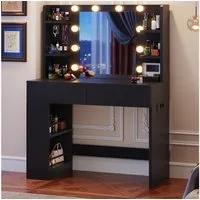 HOMALL Schminktisch Mit dreifarbiger LED-Beleuchtung, Helligkeit einstellbar (Länge × Breite × Höhe) 90 × 40 × 137 cm, mit Steckdose und 2 USB-Anschlüssen, seitliche Schränke links und rechts austauschbar, 8 offene Ablagefächer, 2 Schubladen, 4 Schmu
