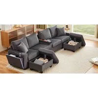 Flieks 4-Sitzer Sofa mit Leselampe, LED-Beleuchtung, Getränkehalter & USB/Type-C, Set, U-förmiges Polstersofa inkl. 2 Hocker mit Stauraum, Cordstoff Beige