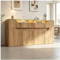 Merax Sideboard mit LED-Beleuchtung, Aufbewahrungsschrank Buffetschrank Anrichte (1 St), Kommode mit 2 Schubladen, 4 Türen, gehärteter Glasplatte & Stauraum