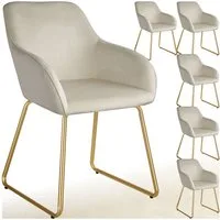 tectake Esszimmerstuhl Polsterseesel in Samtoptik, Belastbarkeit 120 kg, 57 x 61 x 85,5 cm (Küchenstuhl Jeane in Samtoptik creme/gold, 6 St), höhenverstellbare Füße, durchgehende Lehne, Kufengestell aus Stahl