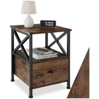 tectake Nachttisch Couchtisch mit höhenverstellbaren Kunststofffüßen, 40 x 41,5 x 55,5 (Beistelltisch Falkirk, 1-St., in Industrial Holz dunkel, rustikal), 2 Ablagen und Schublade, seitliche Streben in X-Form