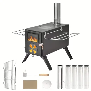 Xmund Winter Wood Burning Stove with 5 Chimneys Portable Camping Outdoor Fire Pit Black Stainless Steel Tent Stove for C