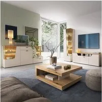 Lomadox Wohnzimmer-Set CARMONA-129, (Mega-Spar-Set, 4-St., Couchtisch Lowboard Sideboard Vitrine), in Kaschmir und Eiche, inkl. LED-Beleuchtung