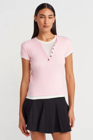 Damen Baumwoll V-Ausschnitt Knopfen T-Shirt