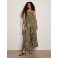 Apricot Jumpsuit Gemusterter Jumpsuit mit gerafftem Bein mit Smokdetails