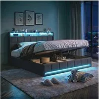 PXloue Polsterbett LED-Bett mit Stauraum und Ladeanschluss (Geeignet für Jugendliche und Erwachsene), Hydraulisches Stauraumbett, Bettkasten, Leinen, 140x200 cm