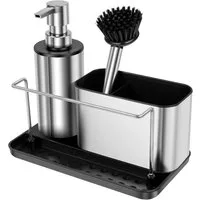 BlingBin Küchenorganizer-Set 3-in-1-Seifenspender-Pumpenset mit Bürste, Spülbecken Caddy Organizer, (1er Set, 1-tlg., Produktabmessungen: 21 × 19 × 11,5 cm), Aufbewahrung von Reinigungswerkzeugen für Küche - Edelstahl Rostfrei