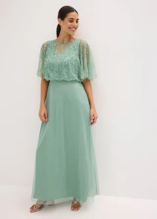 bonprix Maxikleid aus feinem Tüll mit Paillettenstickerei, grün, Gr.34, Klassisch und feminin: Abendkleid in Maxi-Länge aus feinem Tüll mit Paillettenstickerei