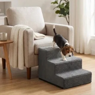 FEANDREA Hundetreppe, 2/3/4/5 Stufen Haustiertreppe aus grauem Cordstoff Waschbar schiefergrau L
