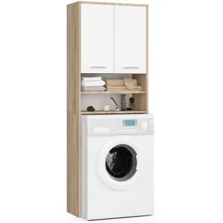 Akord Waschmaschinenschrank, Sonoma Eiche, Weiß, Holzwerkstoff, Nachbildung, Holz Optik, 4 Fächer, Rechteckig,Rechteckig, 64x180x30 cm, Waschküche, Waschmaschinenschrank