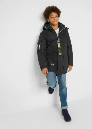bonprix Winterjacke mit sportiven Details und Kapuze, schwarz, Gr.176/182, Coole Winterjacke für Jungen mit Wording-Print