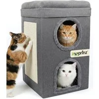 Zooprinz Katzenhaus Katzenhöhle Mona,Kratzfläche, Wendekissen, faltbar, zweistöckig, 39 × 39 × 64 cm, Anti-Rutsch-Boden, Leinenstoff, Grau