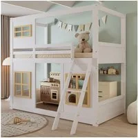 Flieks Etagenbett, Hausbett Kinderbett 90x200cm mit Fenster, Leiter und Rausfallschutz