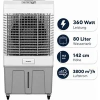 KUMTEL Turboventilator automatische Oszillation, Befeuchtungsfunktion, 240 W, 80-Liter-Wassertank,waschbarer Filter, mit Rollen, 4 Kühlakkus
