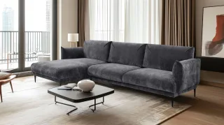 Ecksofa Designersofa MADISON in Stoff Dress Me Grau Ottomane Links