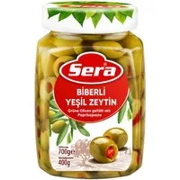 SERA FOOD Antipasti Sera Grüne Oliven mit Paprikapaste gefüllt 700g, 1 x 7000 g, Knackige Mediterrane Paprika-Oliven im Vorratsglas