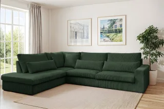 Ecksofa Designersofa THORA in Stoff Poso Grün Ottomane Links