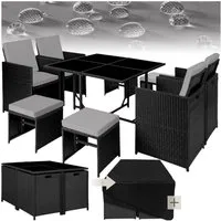 tectake Sitzgruppe Rattan-Gartenlounge für 4 bis 8 Personen, Inkl. Schutzhülle, (Loungeset Bilbao, 9-tlg., für Außen in Schwarz/Grau), widerstandsfähig, UV-beständig, mit Sicherheitsglasplatten