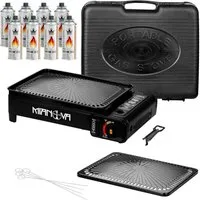 Mianova Camping-Gasgrill 2in1 Campinggrill Campingkocher Tischgrill Grillplatte 8 Gaskartuschen, Gasgrill für Camping Angeln Zelten - Ideal zum Grillen - Geliefert im Tragekoffer, Mobiler Campinggrill mit Piezozündung und umfangreichem Komplettset