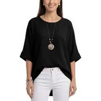dy_mode Kurzarmbluse Damen Bluse Oversize Tunika Leichte Viskosebluse Oberteil Einfarbig in Unifarbe, High-Low Saum, mit passende Kette