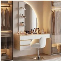 HOMALL Schminktisch Hängender Schminktisch mit drei einstellbaren Farbtemperaturen (LED-Silikon-Lichtleiste in drei Farben, Maße: 106 × 40 × 143 cm, mit 3 offenen Ablagefächern und 2 Schubladen, für vielfältige Einsatzmöglichkeiten geeignet)