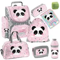 Familando Schulranzen Panda Bär Schultaschen Set für Mädchen 1. bis 4. Klasse (Set, 8-tlg., inkl. Federmappe, Lunch-Set und Sporttasche), ergonomisch, kompakt, leicht
