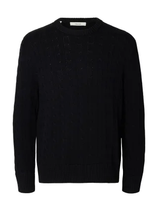 selected men - SLMBRAUN KNIT CABLE CREW NOOS Black - Gr. - L