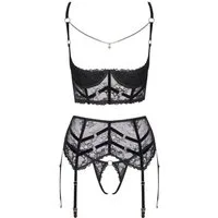 Cottelli Collection Set: Bügel-BH Dessous-Set: Brustfreier BH, String und Strapsgürtel - schwarz (3-tlg) Mit feiner weicher Stretch-Spitze gearbeitet