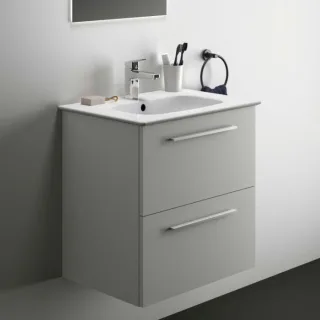 Ideal Standard i.life A Möbelwaschtisch-Paket K8741DU 64x46x64,5cm, 1 Hahnloch, Griff Chrom gebürstet, weiß matt