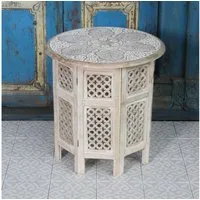Casa Moro Beistelltisch Orientalischer Beistelltisch Haytam 52x52x54 cm (B/T/H) rund (in Shabby Chic weiß aus Mango Holz handgeschnitzt), Vintage Sofatisch Couchtisch Massivholz NH-5326-B