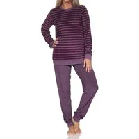 Normann Pyjama Damen Frottee Schlafanzug mit Bündchen in elegantem Streifendesign