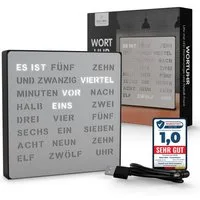 Bada Bing Uhr LED Wortuhr Tischuhr Wanduhr Uhr mit USB Kabel (Metallfront Silber, LED Beleuchtung, Zeitanzeige in Worten)