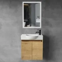 Alpenberger Badmöbel-Set Waschbecken mit Unterschrank und Spiegel Gäste WC Waschtisch Set 55 cm, (Waschtisch mit Unterschrank Hängend, Gäste WC Möbel mit Spiegel), Badmöbel Set, Waschbeckenunterschrank - Eiche Natur