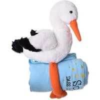 TE-Trend Kuscheltier Storch 38cm Plüschtier Stofftier mit Decke 100x80cm, Decke bestickt mit: „Schön das du da bist“.