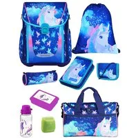 Familando Schulranzen Unicorn Einhorn Schultasche, Pferde, blau, rosa, ab 1. Klasse (Set, 9-tlg., inkl. Lunch-Set und Sporttasche), mit Brustgurt, 1.000 Gramm leicht, 20L Volumen