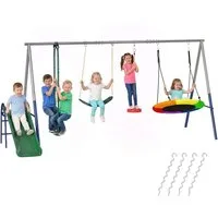 AIYAPLAY Schaukelgestell mit Rutsche Nestschaukel Gurtschaukel Gleiter Stehschaukel, (höhenverstellbar Schaukelgerüst, 1-tlg., 5-in-1 Schaukelset), bis 350 kg für 3-8 Jahre 382x196 x203 cm Mehrfarbig