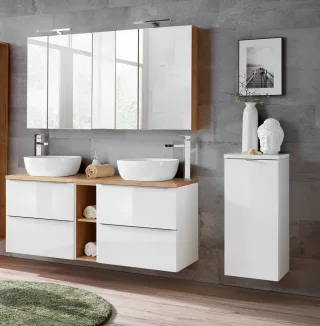 Badmöbel Set 10-tlg Badezimmerset PERUGIA Weiss HGL inkl.Waschbecken