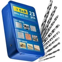 S&R Bohrersatz Professionelle Holzbohrer, Metallbohrer, Steinbohrer, mit Rundschaft, (Set, 23 hochwertige Bohrer: 6 Holzbohrer, 10 Metallbohrer, 7 Betonbohrer), gemischter Bohrersatz für Akkuschrauber und Bohrmaschinen
