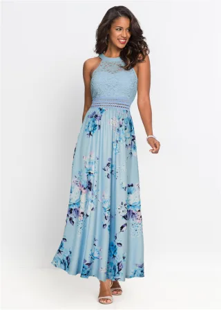 bonprix Maxikleid mit Blumen-Print und Spitze, blau, Gr.50, Romantisch und feminin: Jerseykleid mit Spitzen-Oberteil