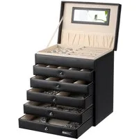 Yorbay Schmuckkasten Schmuckkästchen mit 6 Ebenen, 5 Schubladen (Mit Spiegel), zwei Farben, für Halsketten, Ringe, Armbänder, Ohrringe