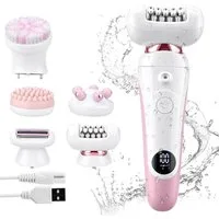 CkeyiN Epilierer Damen 5 IN 1 Damenrasierer IPX7 Nass und Trocken-Epilierer 6500U/min, Aufsätze: 5 St., mit Rasier-,Trimmer-,Gesichtsreinigung- und Pflege Aufsatz Reisesperre