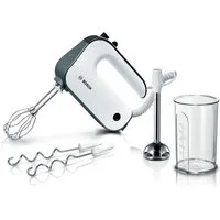 BOSCH Handmixer MFQ49700, Edelst. Rührbesen/Knethaken, Spiralkabel, Mixfuß, weiß/grau, 850 W, stärkster Motor, 5 Stufen, Turbotaste, Becher, Made in Europe