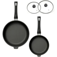 Hoffmann Germany Pfannen-Set STONIQ PFAS-frei Ø 24 & 28 cm hoher Rand mit Deckel – Made in Germany, Aluguss (Set, 4-tlg., 2x Hochrandpfanne (24 + 28 cm) + 2x Glasdeckel), abnehmbarer Griff, PFAS-frei, Induktion, 4-tlg.