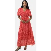 Elara Maxikleid Damen Maxikleid mit V-Ausschnitt, Chiffon-Optik & gesmokter Taille (1-tlg)