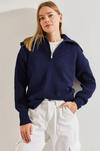 Reißverschluss-Kragen Strickpullover