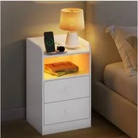 Woltu Nachttisch (1-St), Ladefunktion LED-Licht, 2 Steckdosen 2 USB