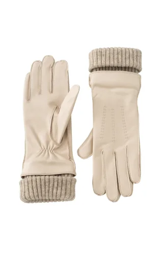 Yaya - Lederhandschuhe mit Strickbündchen beige - Gr. - M
