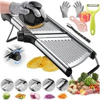 MOPUEA Gemüseschneider Mandoline Gemüsehobel Nicer Dicer mit Handschuhen multifunktional 11ST, Sicher, verstellbar 1-9mm, Edelstahl, rutschfest, leicht zu reinigen