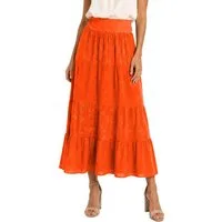 dy_mode Maxirock Damen Maxirock Luftiger Stufenrock Langer Baumwollrock Sommerrock in Unifarbe, mit Gummibund, Blumenstickerei